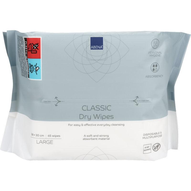 Un paquet de 65 gants de toilette jetables Abena Classic, blancs, de 30x38 cm chacun, de Abena Re-Seller GmbH. Se distingue par un nettoyage hygiénique, une forte capacité d'absorption et une utilisation polyvalente unique pour les soins corporels.