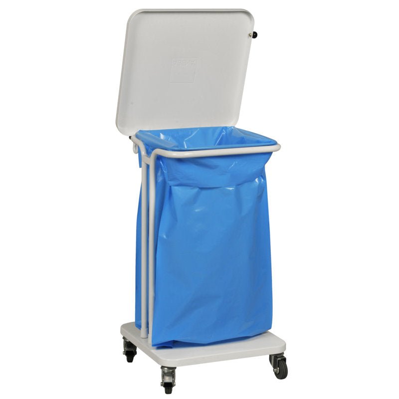 Un conteneur à déchets A Sækko Boy 40, avec couvercle blanc de Abena Re-Seller GmbH, est monté sur quatre roulettes et contient un grand sac intérieur en plastique bleu.