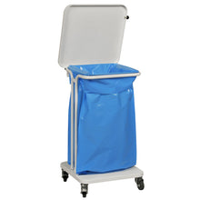 A Sækko Boy 40 Abfallbehälter, Mit Deckel in Weiß von Abena Re-Seller GmbH steht auf vier Rollen und enthält einen großen blauen Kunststoff-Innensack.