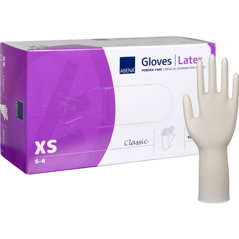 Eine Schachtel Abena Re-Seller GmbH Latex-Handschuhe Classic, Puderfrei, Lang, Natur in Größe XS wird neben einem aufrecht stehenden Handschuh gezeigt. Die lila-weiße Schachtel hebt Produktdetails hervor und bietet langanhaltenden Schutz bei der medizinischen Anwendung.