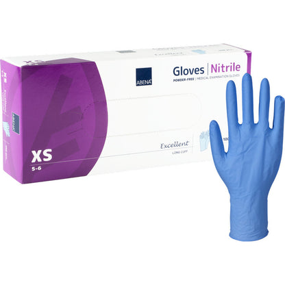 Une boîte violette et blanche de gants en nitrile Abena Re-Seller GmbH Excellent, sans poudre, longs, bleus (taille XS) est illustrée. À côté se tient un gant bleu debout; la boîte montre une illustration de gant.