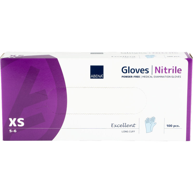 Une boîte rectangulaire de gants en nitrile Abena Re-Seller GmbH Excellent, sans poudre, longs, bleus, taille XS (5-6), contient 100 gants d'examen médicaux. L'emballage principalement violet et blanc facilite l'identification.