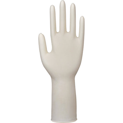 Ein einzelner Abena Re-Seller GmbH Latex-Handschuh Classic, puderfrei, lang, natur wird aufrecht mit der Handfläche nach vorne und ausgestreckten Fingern präsentiert, um sein professionelles Design zu unterstreichen.