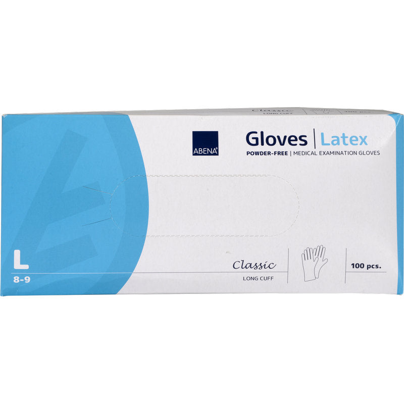 Eine blau-weiße Schachtel Abena Re-Seller GmbH Latex-Handschuhe Classic, puderfrei, lang, natur, Größe large (8-9), mit klassischer langer Schutzstulpe; enthält 100 medizinische Untersuchungshandschuhe.