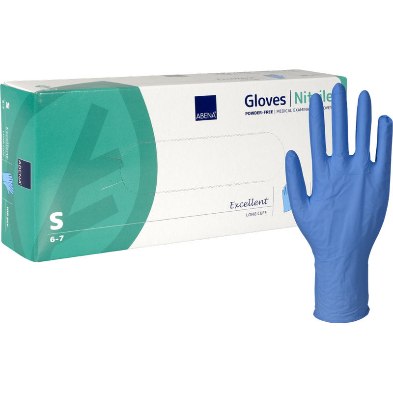 Une boîte de gants en nitrile Abena Re-Seller GmbH Excellent, sans poudre, longs, bleus de taille Small est montrée à côté d'un gant bleu debout, soulignant sa forme.