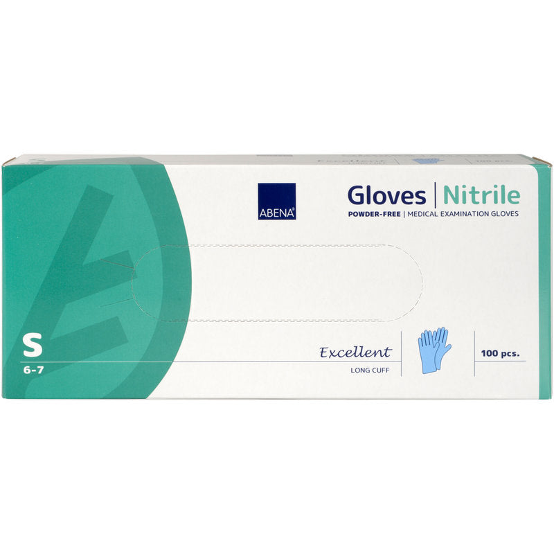 Une boîte rectangulaire de gants en nitrile Abena Re-Seller GmbH Excellent, sans poudre, longs, bleus, taille S (6-7), contient 100 gants médicaux sans poudre. Sur la boîte principalement blanche et couleur thé sont illustrées des informations produit et un graphique de gant bleu.
