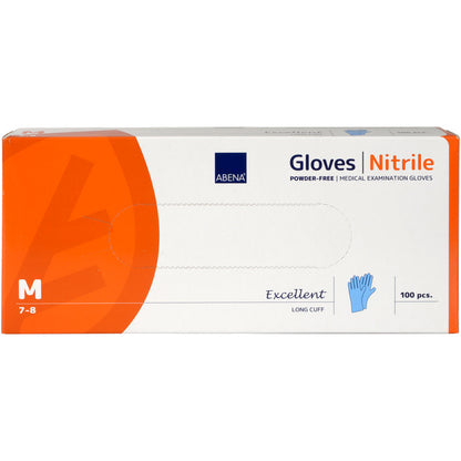 Une boîte rectangulaire de gants en nitrile Abena Re-Seller GmbH Excellent, sans poudre, longs, bleus, taille M (7-8). L'emballage est principalement blanc avec des accents orange et du texte bleu.