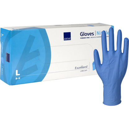 Illustrée est une boîte de gants en nitrile Abena Re-Seller GmbH Excellent, sans poudre, longs, bleus de taille large, avec un gant bleu, long, sans poudre debout à côté de l'emballage accentué en blanc et bleu.