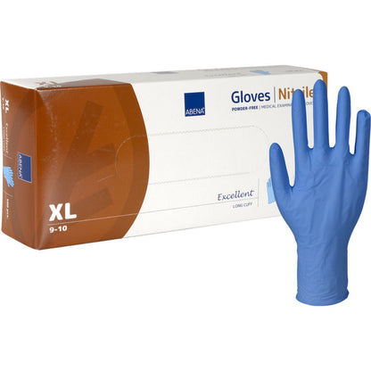 L'illustration montre une boîte de gants en nitrile Excellent, sans poudre, longs, bleus d'Abena Re-Seller GmbH (taille XL) avec un gant debout - idéal pour les examens médicaux.