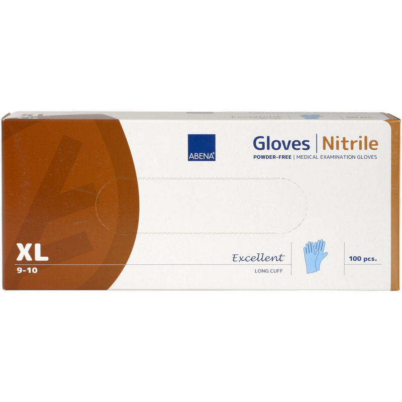 La boîte rectangulaire "Gants en nitrile Excellent, sans poudre, longs, bleus" d'Abena Re-Seller GmbH contient 100 gants d'examen médicaux en taille XL (9-10) et montre un gant bleu à l'avant.