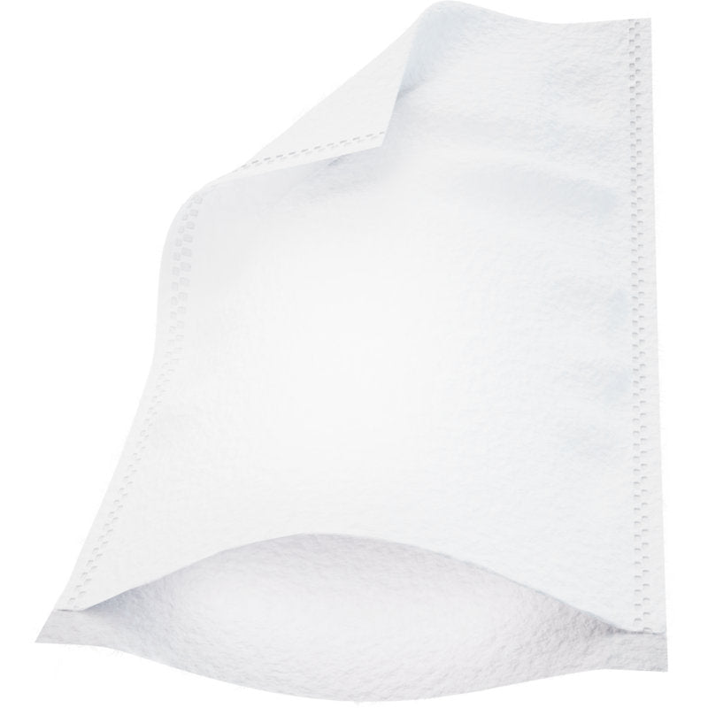 Een enkele witte Molton Ultra Sonic washand (16x23 cm) van Abena Re-Seller GmbH, afgebeeld op een witte achtergrond. De wegwerphand heeft licht gebogen randen en zichtbare randen. Verpakking van 50 stuks.