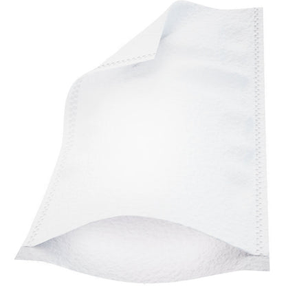 Een enkele witte Molton Ultra Sonic washand (16x23 cm) van Abena Re-Seller GmbH, afgebeeld op een witte achtergrond. De wegwerphand heeft licht gebogen randen en zichtbare randen. Verpakking van 50 stuks.