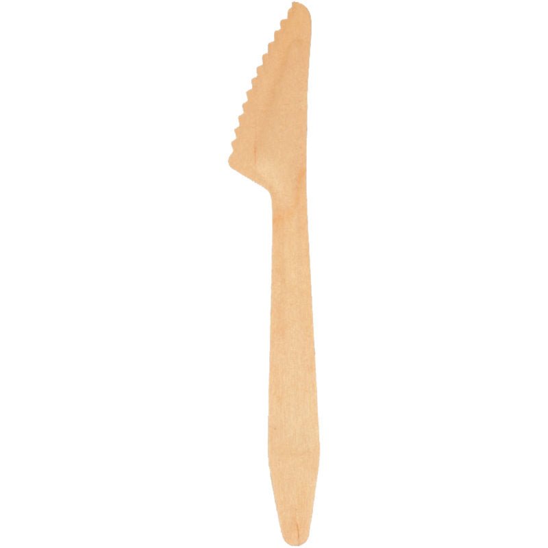 Een enkel Abena Re-Seller GmbH mes, 16,5 cm, hout uit een verpakking van 100 stuks wordt tegen een witte achtergrond weergegeven. Het mes heeft een eenvoudig plat ontwerp met afgeronde uiteinden en is ideaal voor elke messenset.