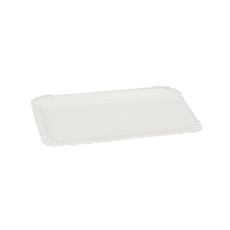 Une assiette en carton rectangulaire et écologique de la société Abena Re-Seller GmbH, de couleur blanche avec des bords ondulés, vendue en paquet de 250 pièces et photographiée sur un fond uni blanc.
