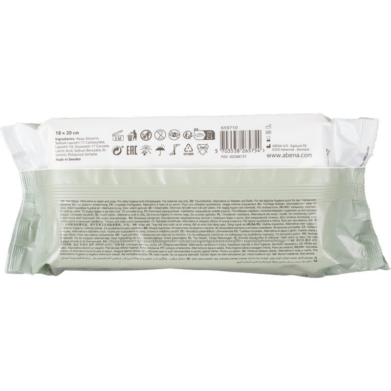 Un paquet des produits discontinués de la société Abena Re-Seller GmbH : lingettes humides Abena (boîte souple avec couvercle en plastique, 80 lingettes) avec texte, code-barres et symboles au dos - parfait pour le nettoyage doux et l'hygiène en déplacement.