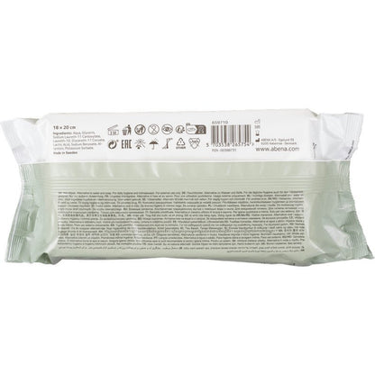 Un paquet des produits discontinués de la société Abena Re-Seller GmbH : lingettes humides Abena (boîte souple avec couvercle en plastique, 80 lingettes) avec texte, code-barres et symboles au dos - parfait pour le nettoyage doux et l'hygiène en déplacement.
