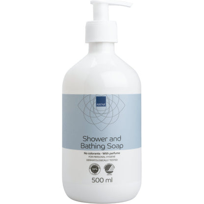 500 ml Pumpflasche Abena Re-Seller GmbH Haar und Bodyshampoo mit Parfüm, mit weißer Flasche und hellblauem Etikett, dermatologisch getestet für die Körperpflege; erhältlich im 6er-Karton.