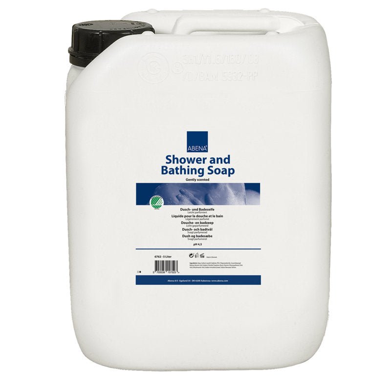 Witte 5.000-ml kunststof fles met zwarte dop en de opdruk "Abena Re-Seller GmbH Douche- en badzeep, licht geparfumeerd" evenals blauwe en witte tekst met toepassingsinstructies. Verkocht in een doos (2 verpakkingen).