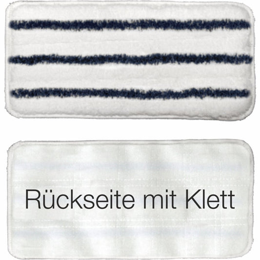 Abgebildet sind zwei rechteckige Arcora-Handpads (27x13 cm). Die Oberseite ist weiß mit drei blauen Streifen, die Unterseite trägt die Aufschrift "Rückseite mit Klett" in schwarz und zeigt ihre Klettrückseite. Marke: Arcora International GmbH.