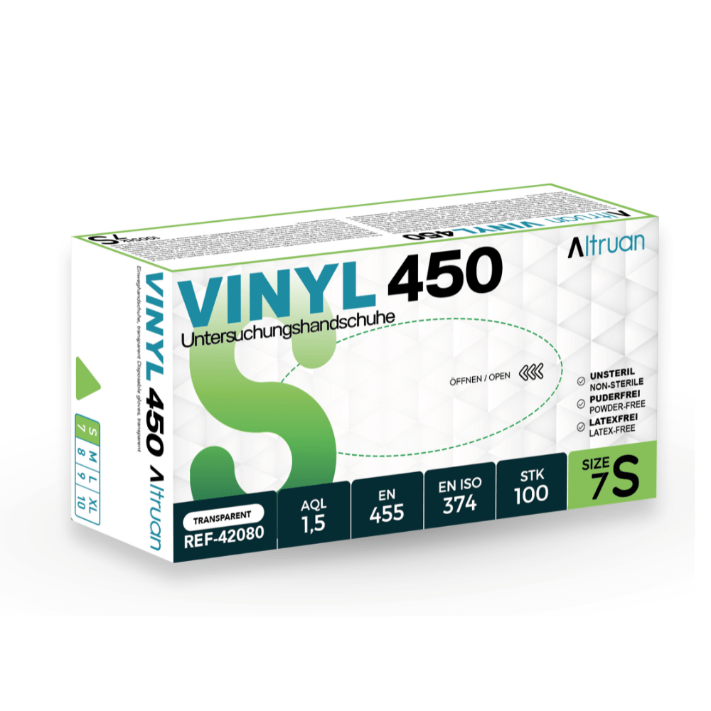 Een doos Altruan Vinyl 450 wegwerphandschoenen, transparant, maat 7S, bevat 100 latex- en poedervrije wegwerphandschoenen. Voldoet aan de normen EN 455 en ISO 374. Merk: Altruan.