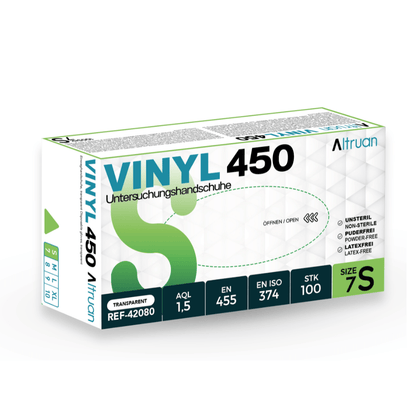 Een doos Altruan Vinyl 450 wegwerphandschoenen, transparant, maat 7S, bevat 100 latex- en poedervrije wegwerphandschoenen. Voldoet aan de normen EN 455 en ISO 374. Merk: Altruan.