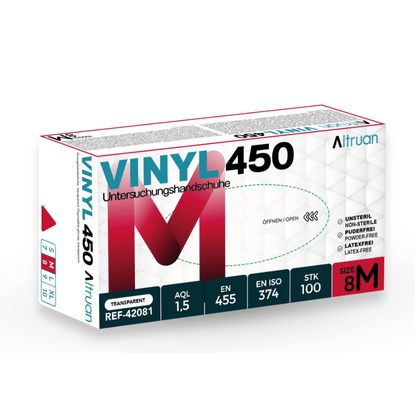 Een doos met Altruan Vinyl 450 wegwerphandschoenen, transparant, maat 8M, 100 stuks. De verpakking toont productdetails, normen (EN 455, EN ISO 374) en pictogrammen voor latexvrij, niet-steriel en poedervrij.