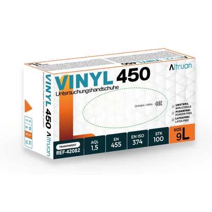 Een doos met Altruan Vinyl 450 wegwerphandschoenen, maat 9L. Bevat 100 transparante, niet-steriele, poedervrije wegwerphandschoenen met Duitse en Engelse opschriften van Altruan. Productreferentie: REF-42082.