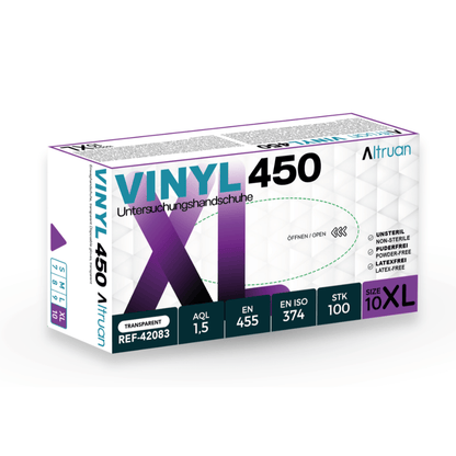 Een rechthoekige doos met Altruan Vinyl 450 wegwerphandschoenen, transparant, niet-steriel, poedervrij, latexvrij (100 stuks), maat 10 XL. De doos bevat productdetails en certificeringen van het merk Altruan.