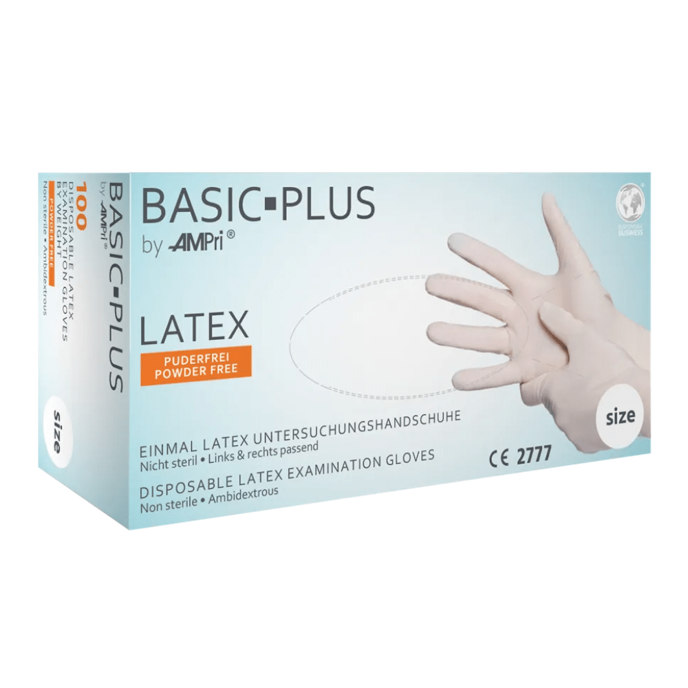 Afgebeeld is een doos AMPri BASIC-PLUS latexhandschoenen poedervrij, wit | Doos (100 stuks) van AMPri Handelsgesellschaft mbH. De witte doos met blauwe accenten bevat latexvrije, niet-steriele, voor beide handen geschikte handschoenen. De tekst is in het Engels en Duits en er is een afbeelding van een hand die een handschoen draagt. Ideaal voor hygiënische bescherming in de voedingsmiddelenindustrie.