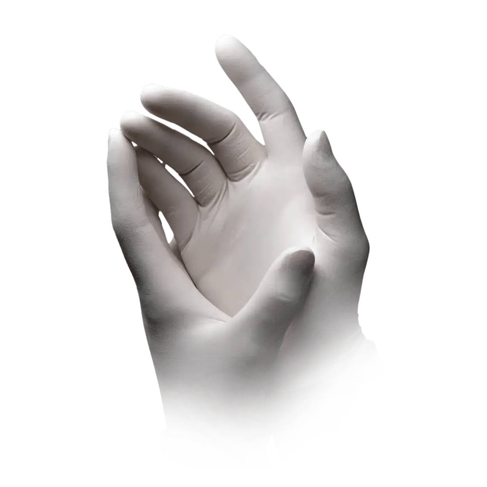 Twee handen met AMPri BASIC-PLUS latexhandschoenen poedervrij, wit uit een doos met 100 stuks van de AMPri Handelsgesellschaft mbH zijn afgebeeld tegen een witte achtergrond. De vingers zijn licht naar binnen gebogen, waarbij de ene hand over de andere ligt. Deze schone en ongebruikte handschoenen bieden optimale hygiënische bescherming, ideaal voor de voedingsmiddelenindustrie.