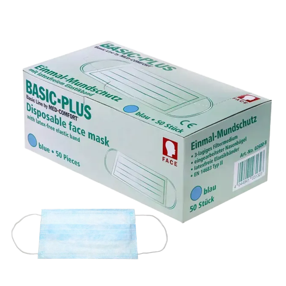 Een blauw-witte doos met de opdruk „AMPri BASIC-PLUS OP Maske 3-lagig. Typ II, verschiedene Farben“ van AMPri Handelsgesellschaft mbH bevat 50 maskers. Op de doos zijn productdetails te zien, waaronder de blauwe kleur en de latexfrije eigenschap. Onder de doos is bovendien een afzonderlijk afgebeeld blauw 3-laags wegwerpmasker te zien.