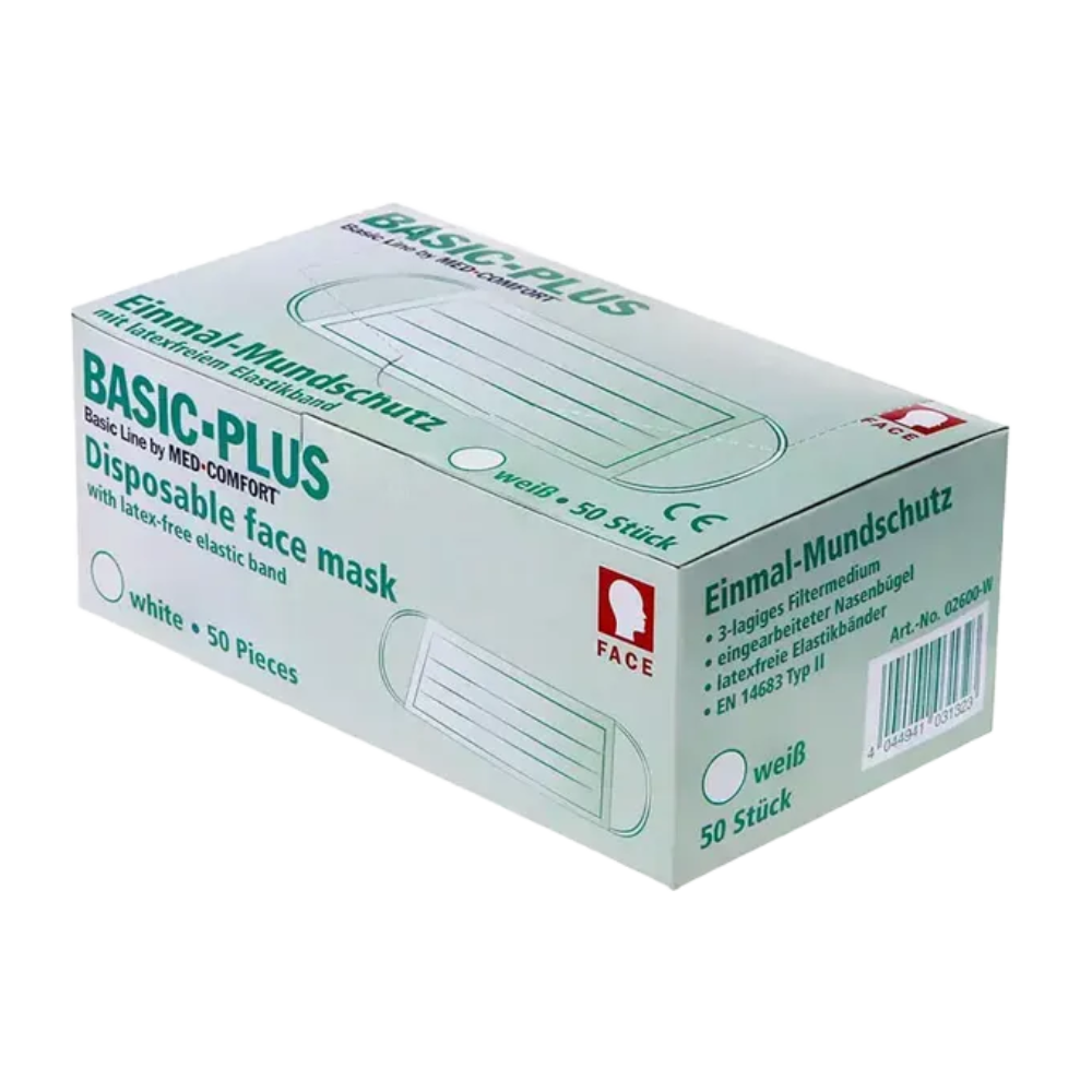 De afbeelding toont een groen-witte doos met de opdruk „AMPri BASIC-PLUS OP Maske 3-lagig. Typ II, verschiedene Farben.“ De doos bevat 50 witte, latexfrije maskers en toont verschillende productdetails in het Engels en Duits, wat het 3-laags mondkapje ontwerp van de AMPri Handelsgesellschaft mbH benadrukt.