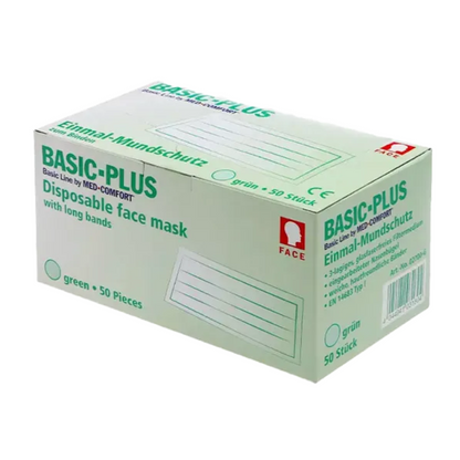 Een groen-witte doos met het opschrift "AMPri BASIC-PLUS OP Maske 3-lg. Typ II zum Binden, verschiedene Farben" bevat 50 stuks medische wegwerp-ademhalingsmaskers met lange banden. De beschrijving luidt in het Engels en Duits "Wegwerp-gezichtsmasker met lange banden", versierd met product- en merkdetails van de AMPri Handelsgesellschaft mbH.