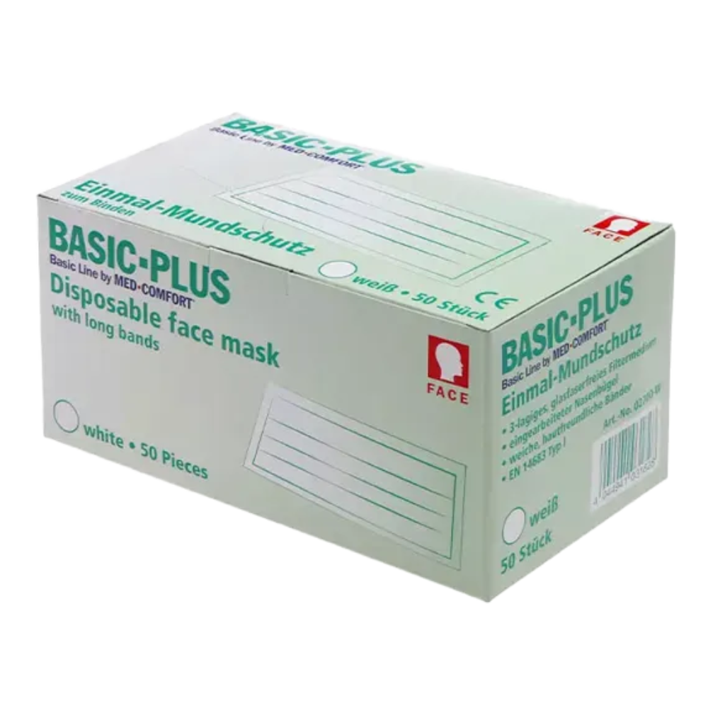 Eine weiße Schachtel mit Einweg-Gesichtsmasken AMPri BASIC-PLUS Mundschutz 3-lg. Typ II von AMPri Handelsgesellschaft mbH, mit langen Bändern und 50 Stück Inhalt. Die Verpackung ist sowohl auf Englisch als auch auf Deutsch beschriftet, enthält ein Maskendiagramm und Symbole, die darauf hinweisen, dass die Masken weiß sind. Diese OP-Masken entsprechen der Norm EN 14683 für medizinische Atemschutzmasken.