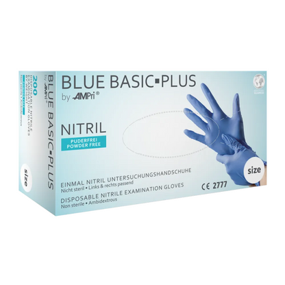 Une boîte rectangulaire pour AMPri BASIC-PLUS gants en nitrile sans poudre, différentes couleurs | Boîte (200 pièces). Les gants sont non stériles et adaptés pour les deux mains. La boîte montre un gant bleu et des détails sur le produit dans différentes langues, avec indication des tailles.
