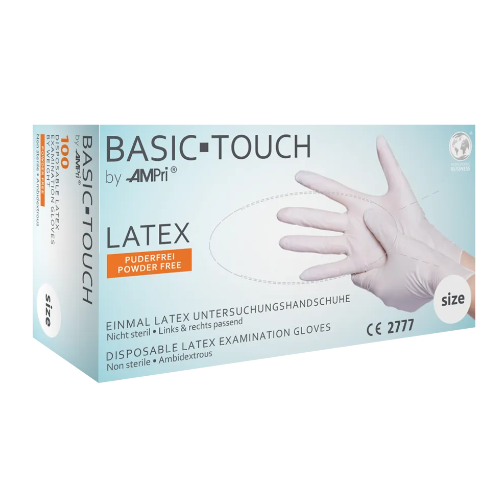 Een doos AMPri BASIC-TOUCH latexhandschoenen poedervrij, wit. De doos draagt het opschrift 'Poedervrij' en toont een afbeelding van een gehandschoende hand. De tekst is in het Duits en Engels geschreven. De doos bevat 100 ambidexter, niet-steriele wegwerphandschoenen wit in een niet nader gespecificeerde maat van het merk AMPri Handelsgesellschaft mbH.
