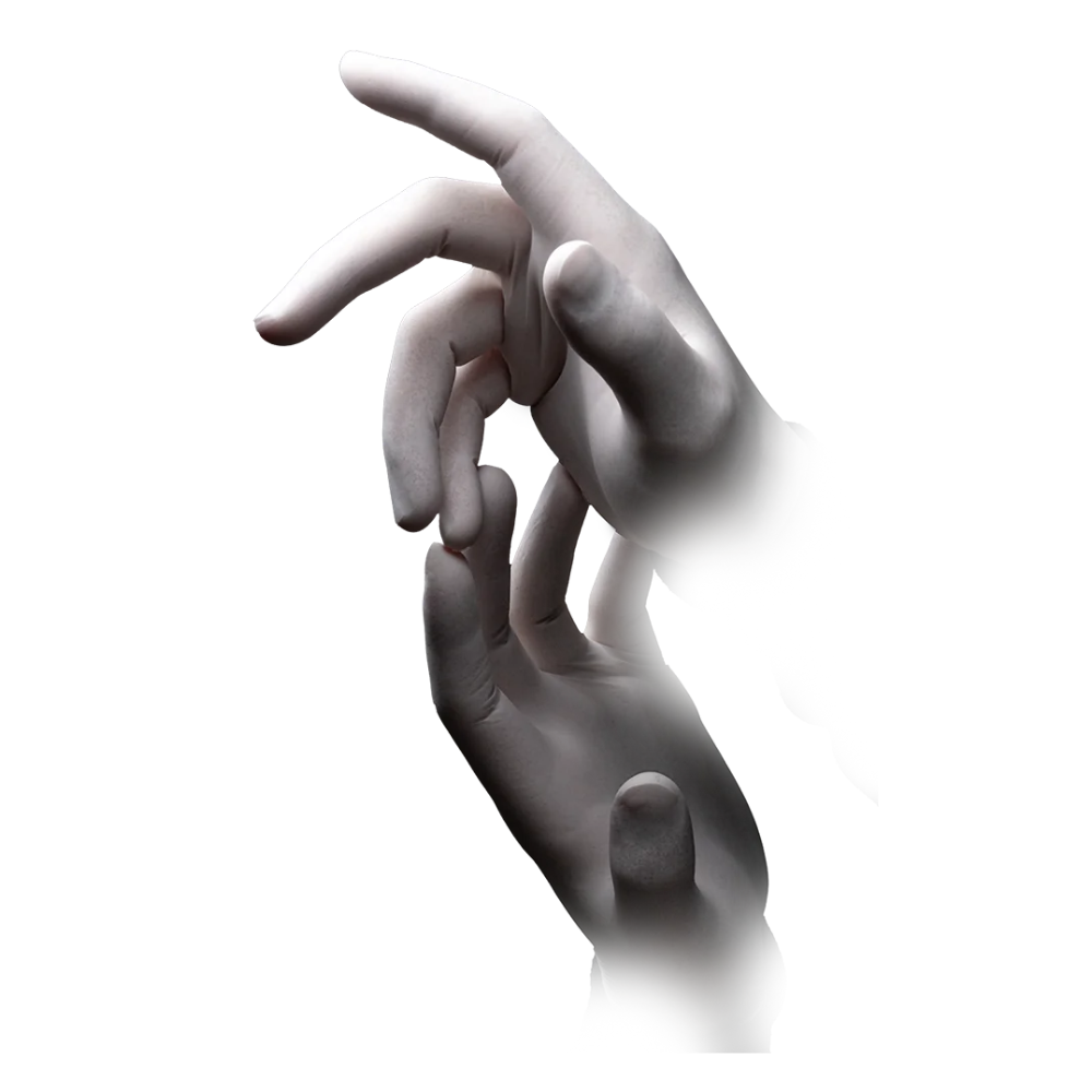 Een close-up toont twee handen waarvan de vingers elkaar zachtjes aanraken. De handen en vingers, elegant versierd met AMPri BASIC-TOUCH latexhandschoenen poedervrij, wit van de AMPri Handelsgesellschaft mbH, zijn gedeeltelijk vervaagd naar de polsen toe, zodat er voor een witte achtergrond een oplossend effect ontstaat.