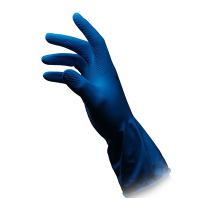 Un gant ménager en latex bleu de la série CLEAN-COMFORT de la AMPri Handelsgesellschaft mbH est debout, la paume légèrement tournée vers la gauche, sur un fond blanc simple. Les gants ménagers en latex AMPri CLEAN-COMFORT sans poudre semblent conçus pour des tâches nécessitant une prise et une protection excellentes.