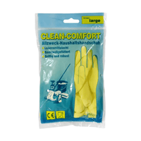 La photo montre un paquet de gants ménagers en latex AMPri CLEAN-COMFORT, non poudrés, conçus pour les grandes mains. L'emballage en plastique bleu et transparent met en valeur les gants jaunes qu'il contient. Le texte figurant sur le devant met en avant leur sécurité alimentaire, leur doublure en coton, leur prise en main durable et le fait qu’ils soient non poudrés. Ces gants sont fabriqués par la société AMPri Handelsgesellschaft mbH et sont disponibles en plusieurs couleurs.