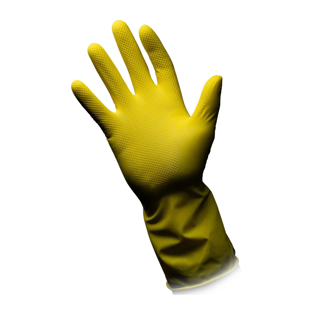 Un gant ménager en latex AMPri CLEAN-COMFORT jaune est orienté avec la paume vers l'avant. Le gant de la AMPri Handelsgesellschaft mbH dispose d'une surface de prise texturée sur la paume et les doigts et s'étend légèrement au-delà du poignet. Le fond blanc souligne son utilité pour diverses tâches.
