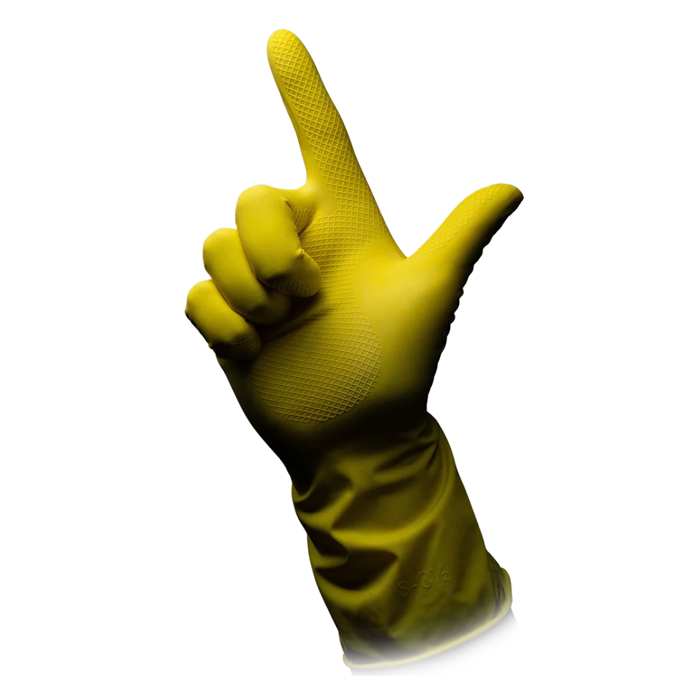 Un gant ménager en latex AMPri CLEAN-COMFORT jaune sans poudre de la AMPri Handelsgesellschaft mbH est illustré sur un fond blanc simple. Le gant a la forme d'un « L », avec l'index pointant vers le haut et le pouce étendu horizontalement. Il dispose d'une prise texturée sur la paume et les doigts, ce qui souligne ses propriétés sans poudre pour une utilisation polyvalente.