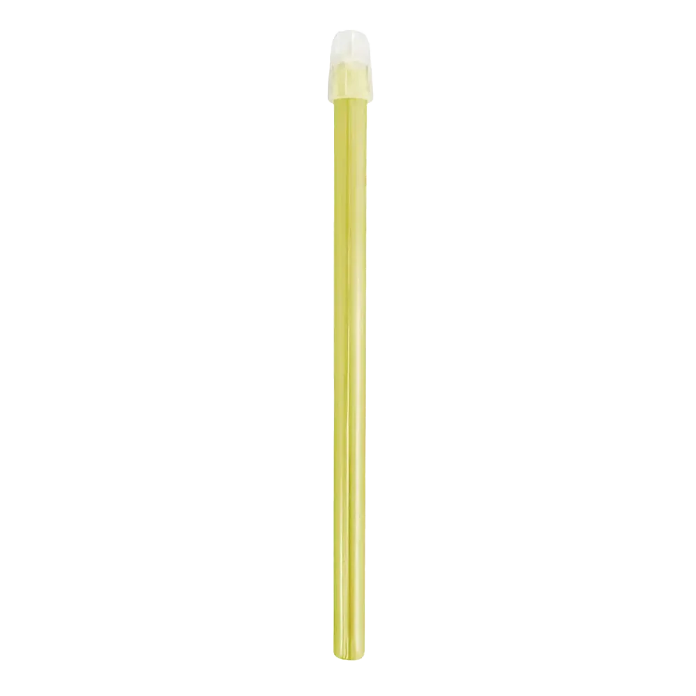 Sur fond blanc, une paille en plastique jaune est illustrée, ressemblant à un aspirateur de salive dentaire AMPri de la société AMPri Handelsgesellschaft mbH et possédant un capuchon de protection transparent à une extrémité.