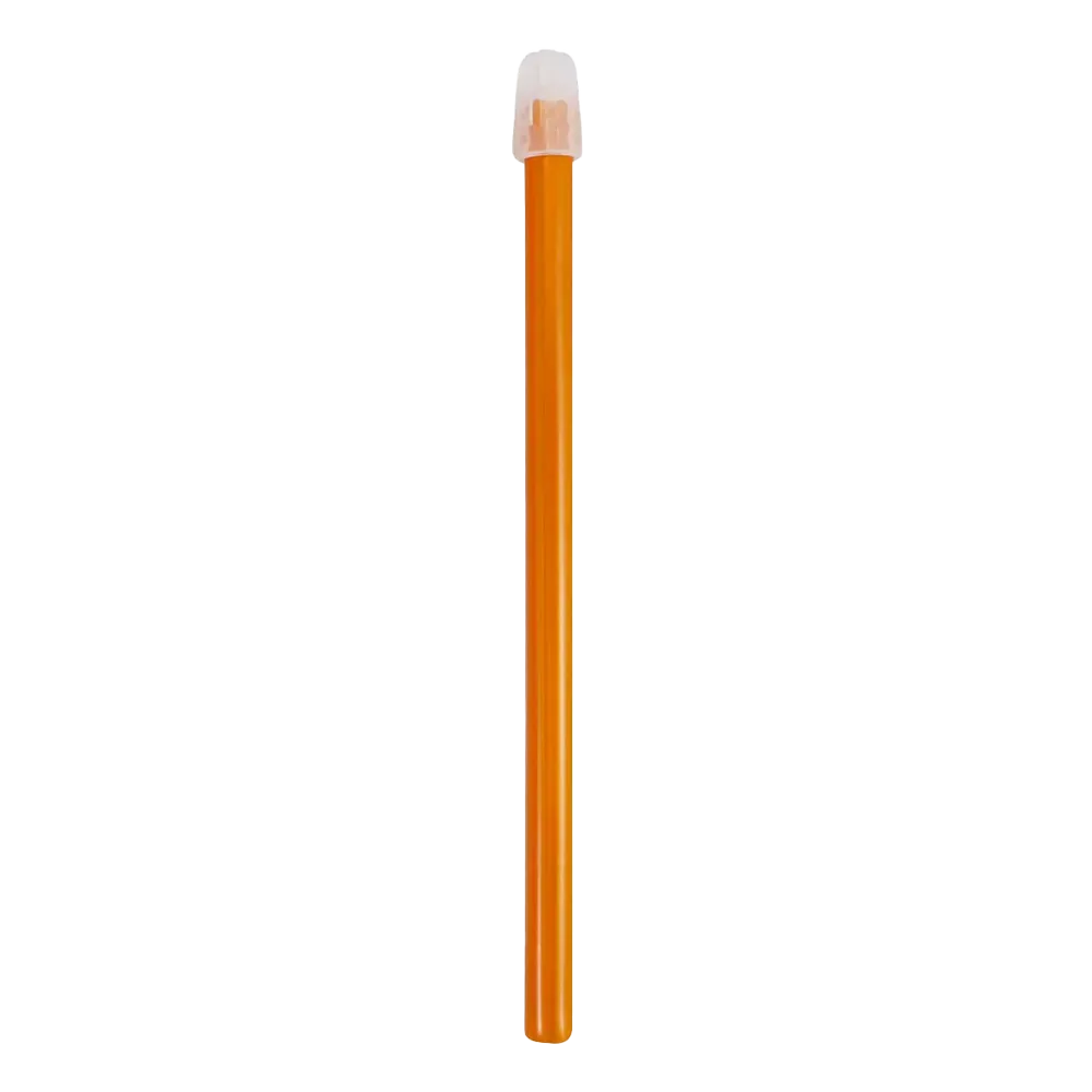 Le design simple de l'aspirateur salivaire dentaire AMPri, disponible en tailles de 130 mm et 150 mm, est élégamment capturé dans ce crayon orange avec un capuchon de gomme blanc. L'apparence impeccable du crayon se détache sur un fond blanc simple et souligne sa simplicité et son élégance.