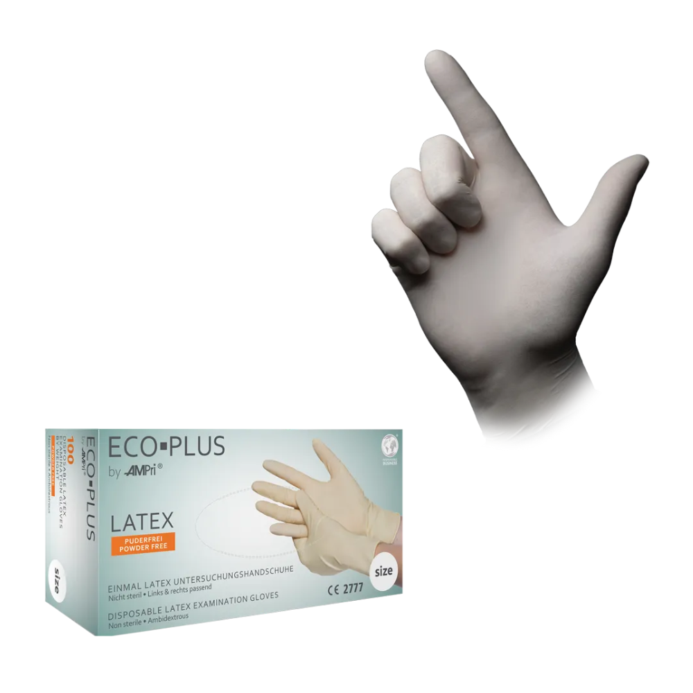 Links is een doos AMPri ECO-PLUS latexhandschoenen poedervrij, wit van AMPri Handelsgesellschaft mbH afgebeeld. Rechts is een enkele hand te zien met een van de handschoenen, waarbij de duim omhoog is gestoken. Het ontwerp op de doos en handschoen is eenvoudig, de tekst is overwegend Duits.