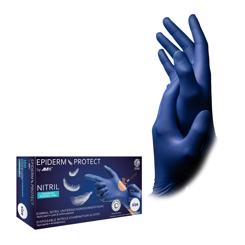 Une boîte de gants en nitrile AMPri Epiderm Protect de MED-COMFORT sans poudre, bleu métallique (100 pièces) de la société commerciale AMPri mbH est exposée à côté d'une paire de mains avec des gants bleu métallique. Sur la boîte avec l'inscription « sans poudre », une main pointant vers la droite est représentée.