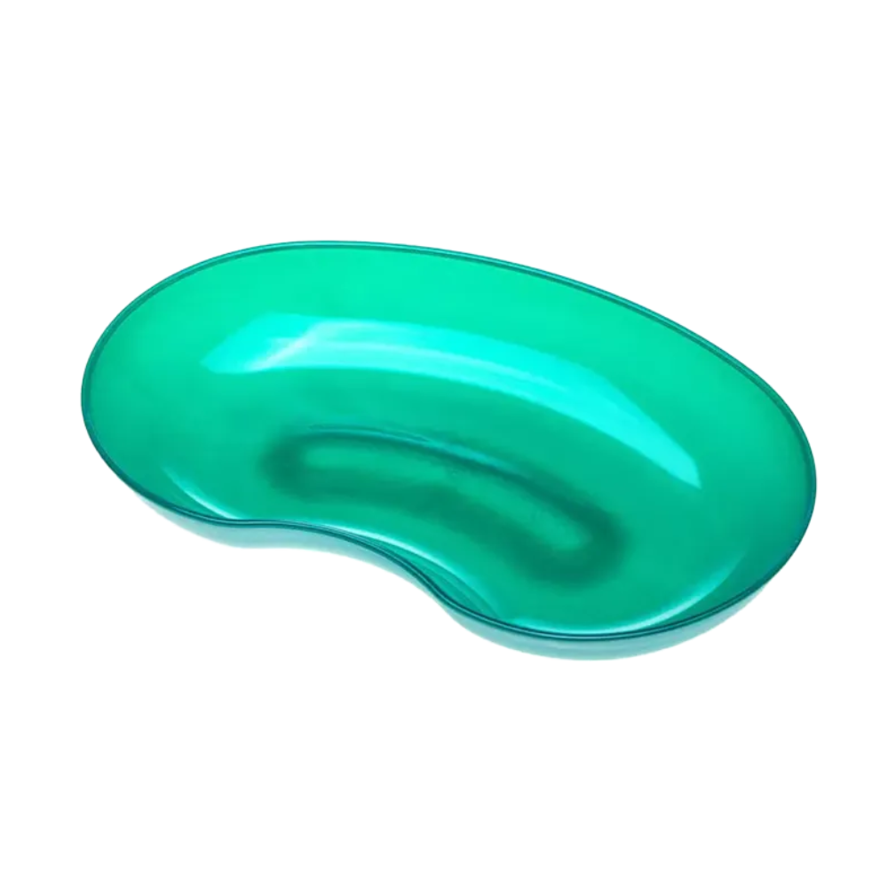 Un bassin rénal en plastique turquoise AMPri MED-COMFORT 24 cm 600 ml de la société commerciale AMPri mbH est conçu pour recueillir les fluides corporels. Cet outil médical a une surface lisse et brillante et est souvent utilisé dans le secteur de la santé pour les patients qui se sentent malades ou qui se remettent d'une opération. Il est disponible en différentes couleurs.