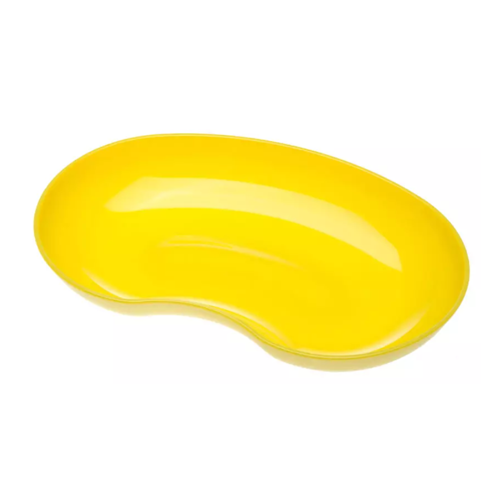 Un récipient jaune en forme de rein avec une surface brillante est visible sur un fond blanc. La cuvette rénale en plastique AMPri MED-COMFORT 24 cm 600 ml de la société AMPri Handelsgesellschaft mbH se distingue par des bords lisses et arrondis et une apparence propre et polie.