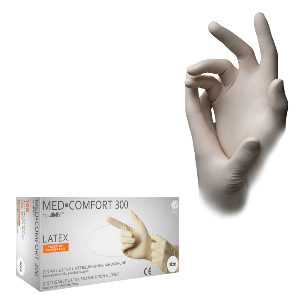 Een doos AMPri MED-COMFORT latexhandschoenen poedervrij, wit (100 stuks) wordt naast een hand getoond die een van de handschoenen draagt en een 'OK'-gebaar maakt. Deze poedervrije handschoenen van AMPri Handelsgesellschaft mbH zorgen voor hygiënisch werken.