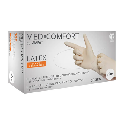 Doos AMPri MED-COMFORT latexhandschoenen poedervrij, wit (100 stuks) van AMPri Handelsgesellschaft mbH. Deze niet-steriele en aan beide handen draagbare handschoenen zijn perfect voor hygiënisch werken. De witte doos met blauw-grijze tekst toont een hand die een handschoen draagt, en de maat is aan de zijkant aangegeven.