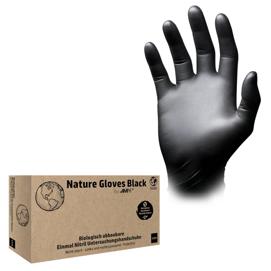 Neben der Verpackung „AMPri Nature Gloves BLACK“ wird ein schwarzer Einweghandschuh gezeigt, der sein biologisch abbaubares Nitrilmaterial zur Schau stellt. Diese biologisch abbaubaren Nitrilhandschuhe sind puderfrei, bieten hohe Beständigkeit und sind für beide Hände geeignet.